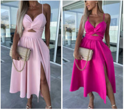 Rosea Elegant midi kjole med slids foran og stropper