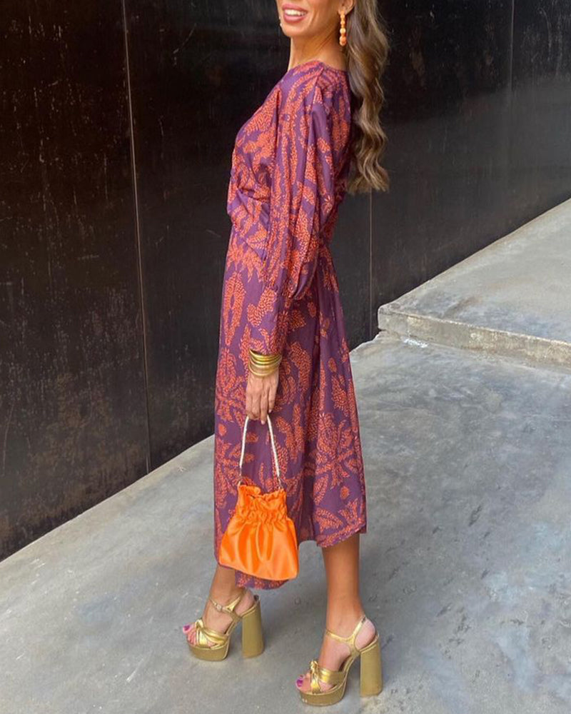 Rosea Vintage Draperet midi kjole med lange ærmer