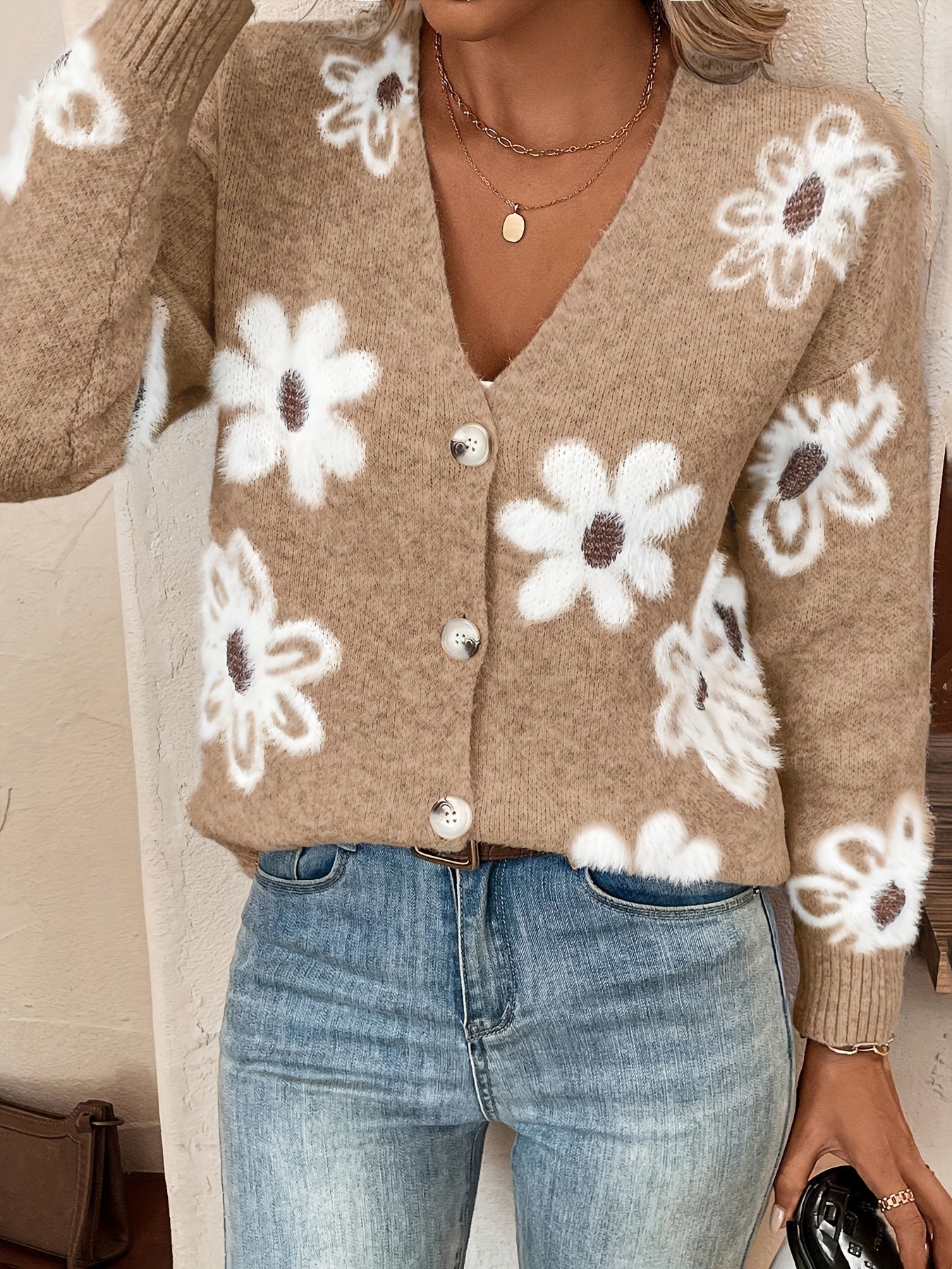 Nina | Strikket Cardigan med Blomstermønster - Olsen Official