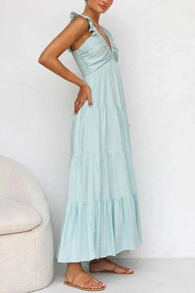 Rosea Elegancka Maxi Kjole med V-Hals