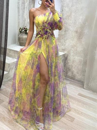 Asymmetrisk maxikjole med blomster Rosea