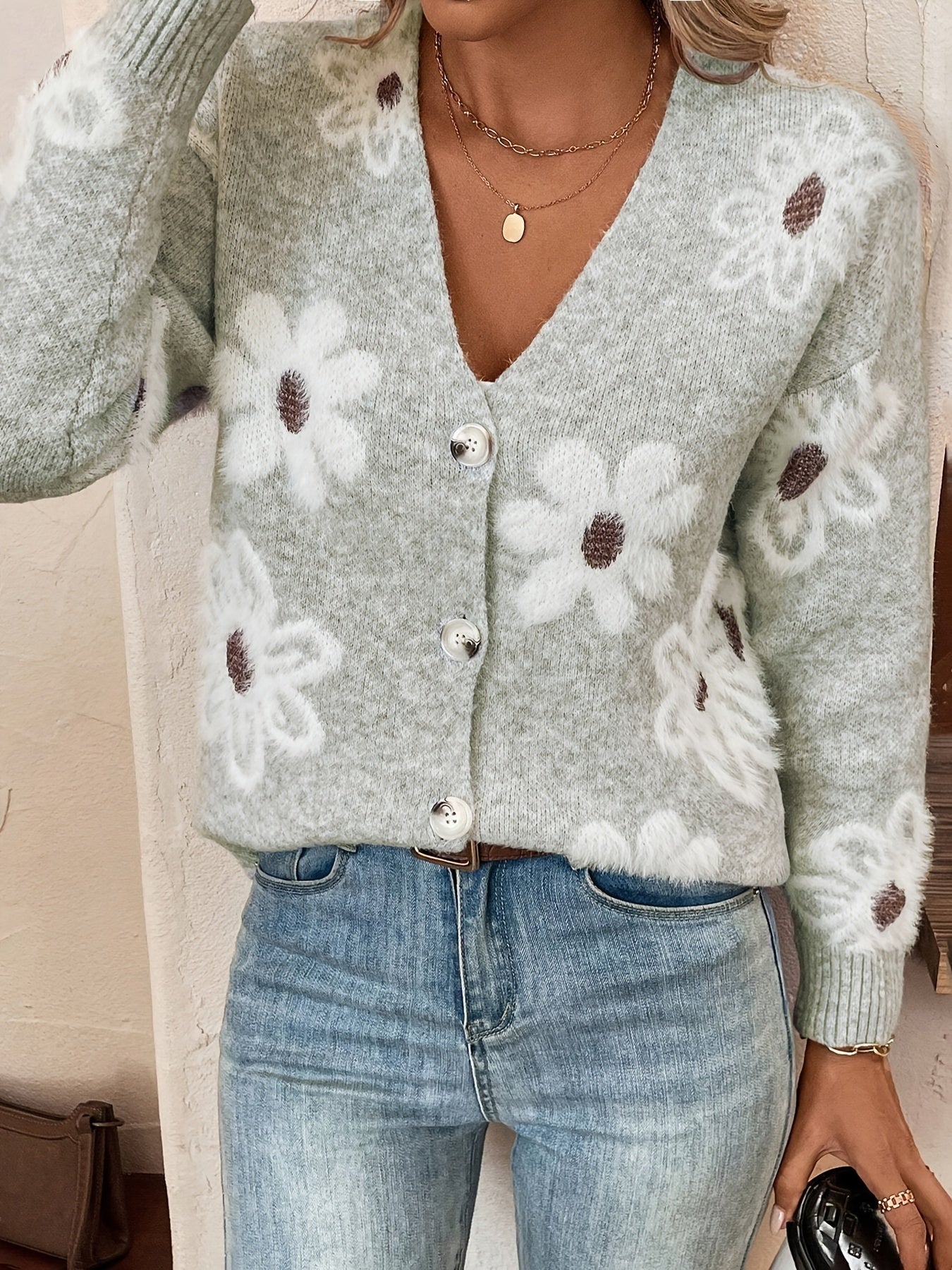 Nina | Strikket Cardigan med Blomstermønster - Olsen Official