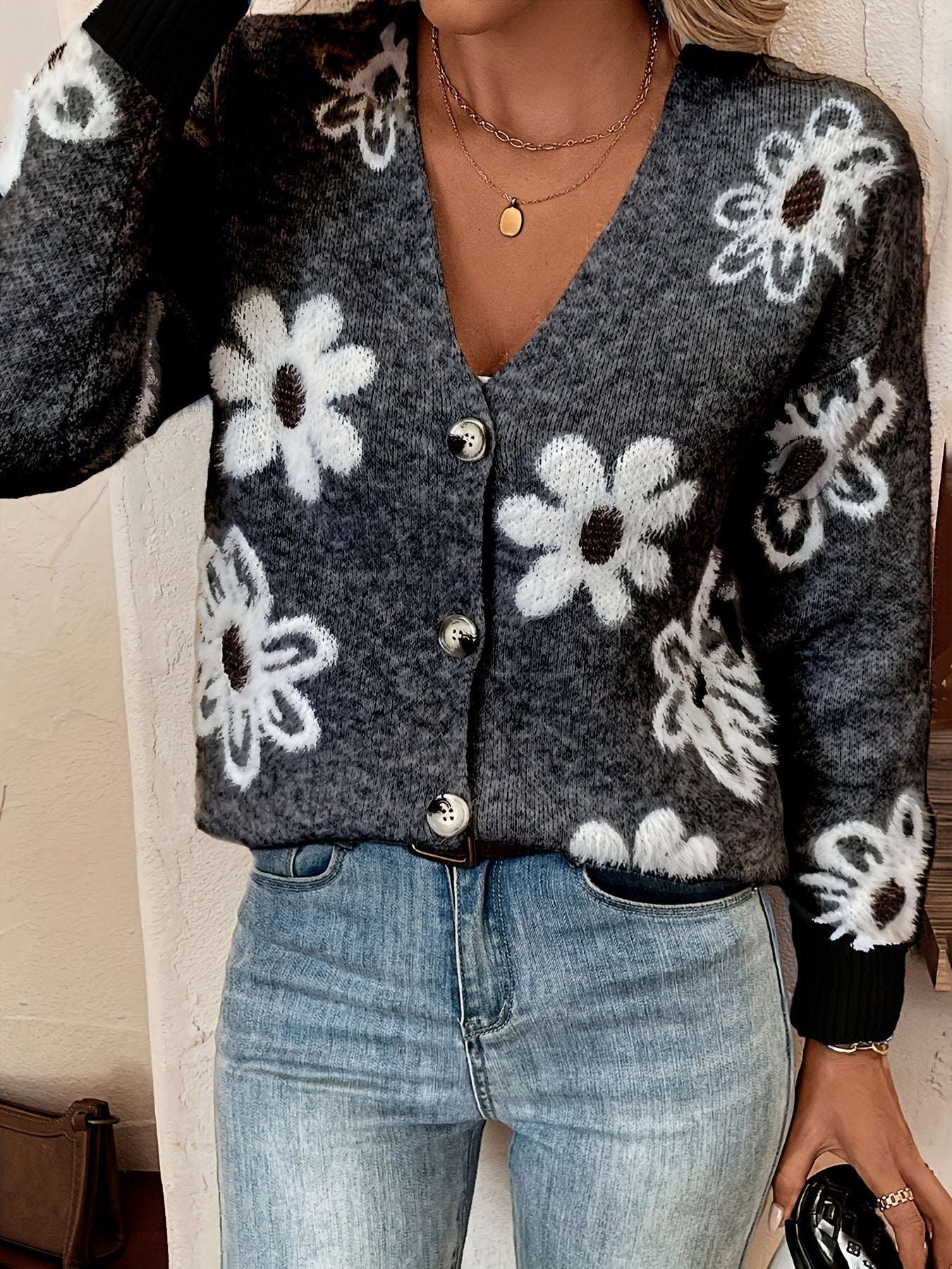 Nina | Strikket Cardigan med Blomstermønster - Olsen Official