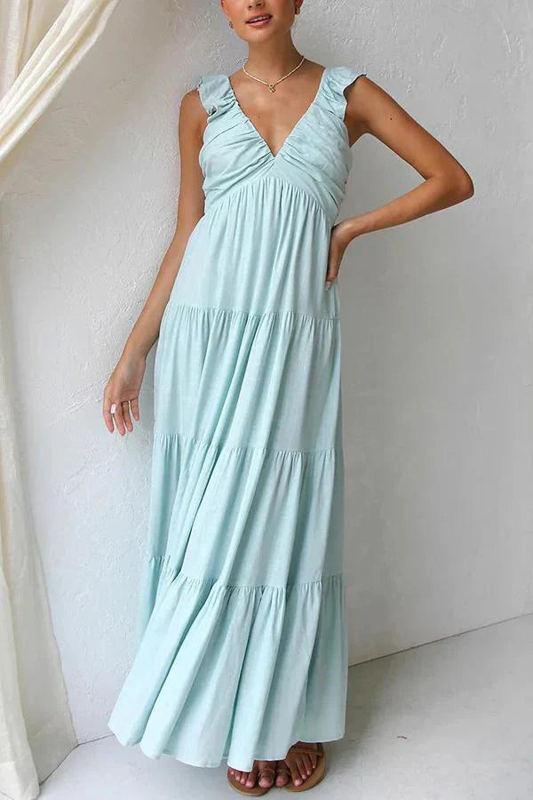 Rosea Elegancka Maxi Kjole med V-Hals