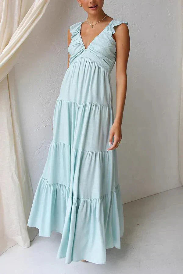 Rosea Elegancka Maxi Kjole med V-Hals