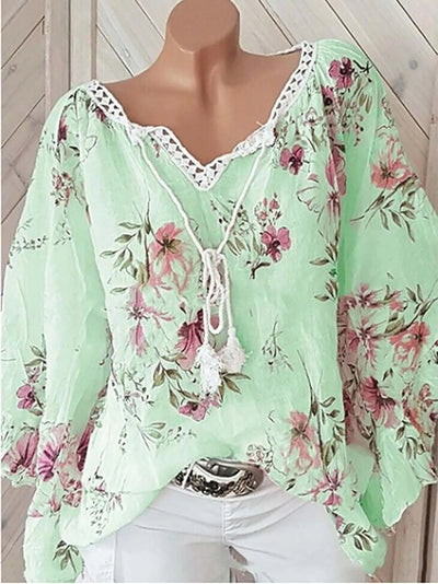Blomsterprint Hørbluse med Snørelukning | Olsen & Olsen™ - Olsen Official