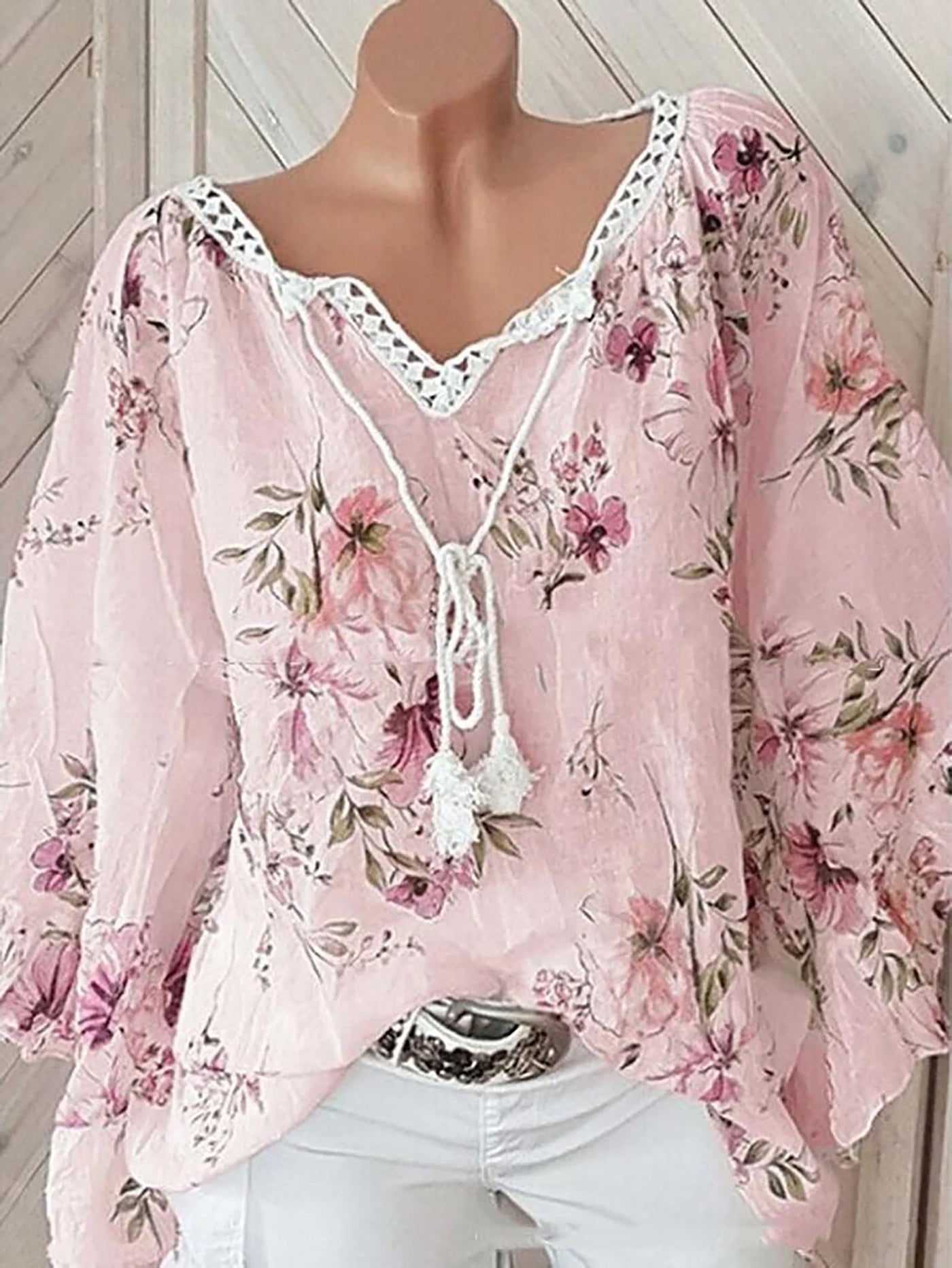 Blomsterprint Hørbluse med Snørelukning | Olsen & Olsen™ - Olsen Official