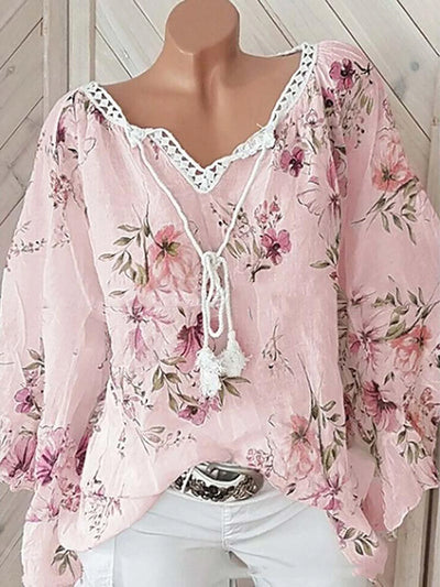 Blomsterprint Hørbluse med Snørelukning | Olsen & Olsen™ - Olsen Official
