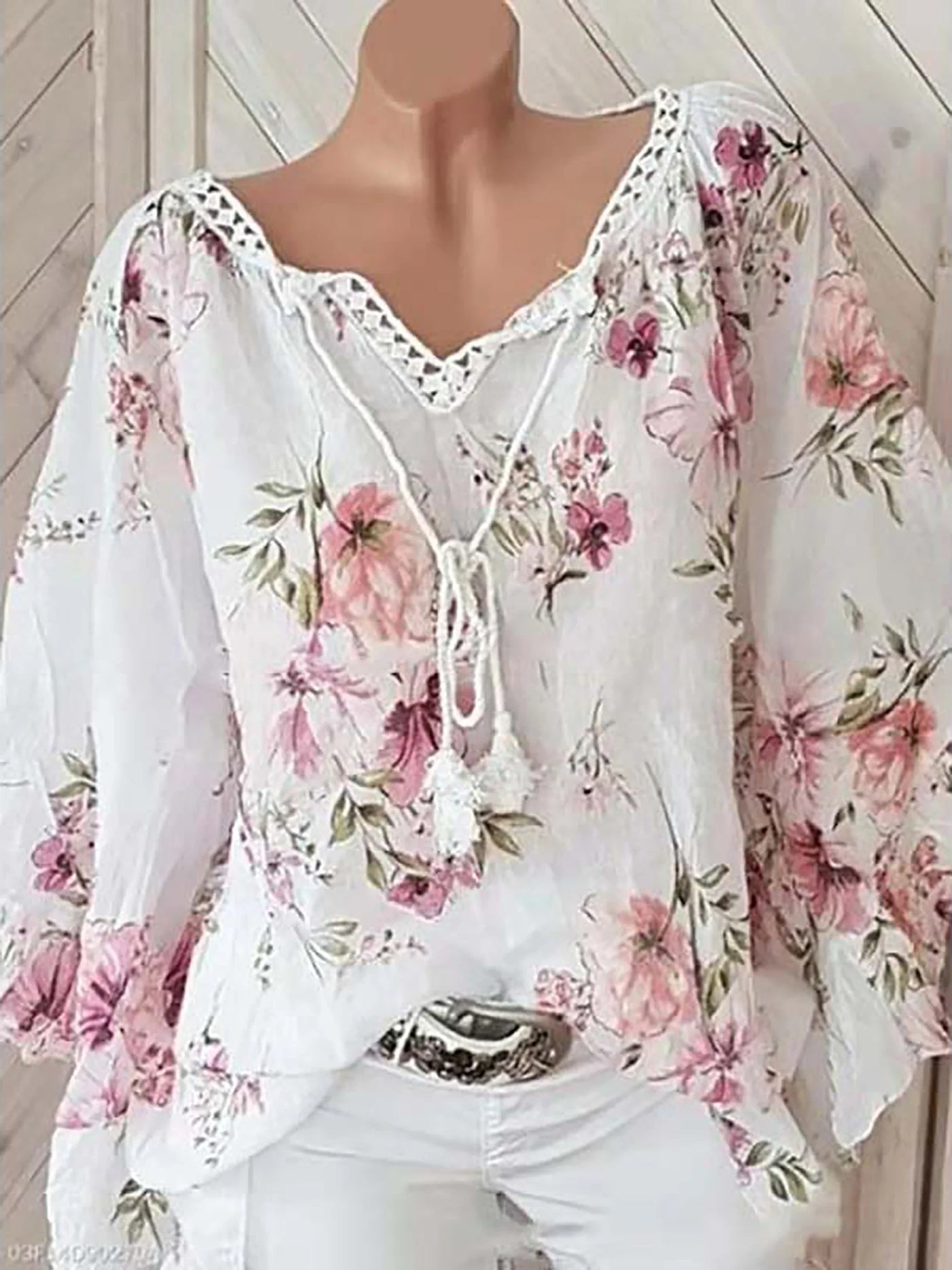Blomsterprint Hørbluse med Snørelukning | Olsen & Olsen™ - Olsen Official