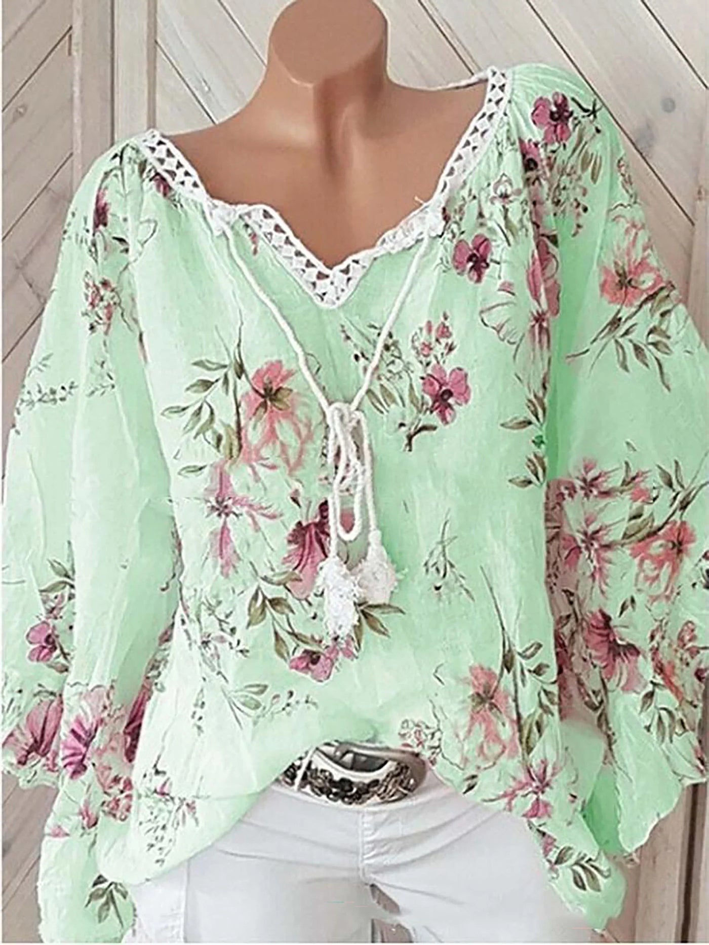 Blomsterprint Hørbluse med Snørelukning | Olsen & Olsen™ - Olsen Official