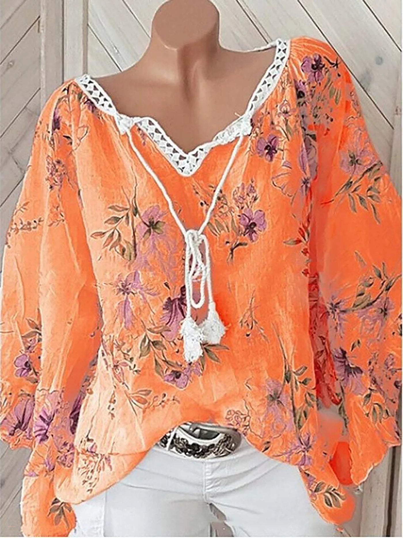 Blomsterprint Hørbluse med Snørelukning | Olsen & Olsen™ - Olsen Official
