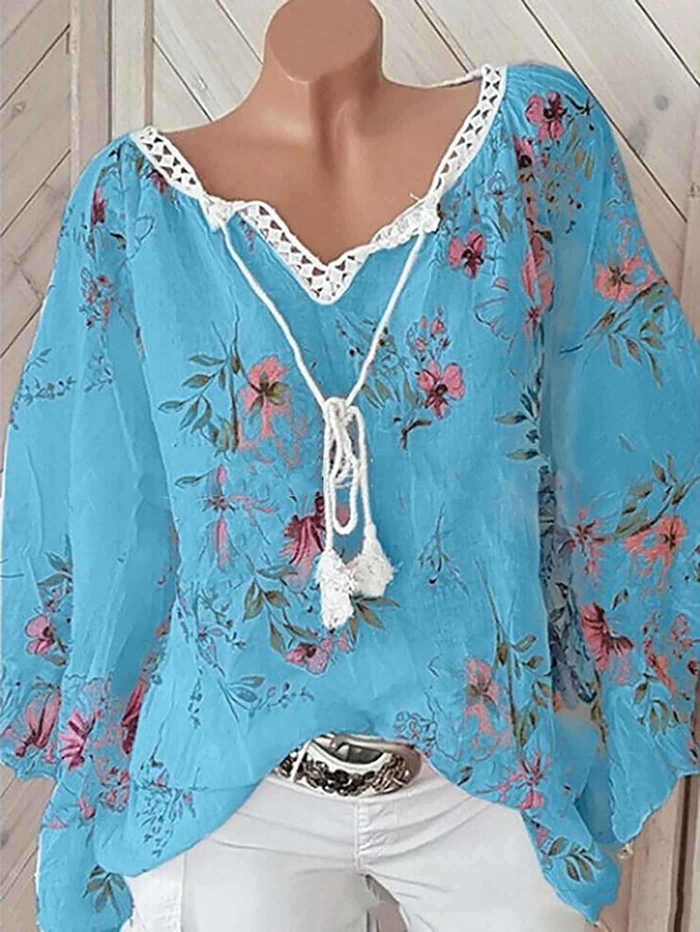 Blomsterprint Hørbluse med Snørelukning | Olsen & Olsen™ - Olsen Official
