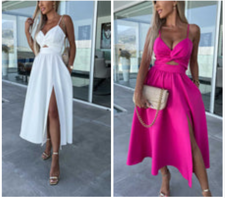 Rosea Elegant midi kjole med slids foran og stropper