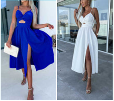 Rosea Elegant midi kjole med slids foran og stropper