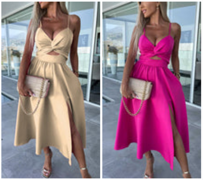 Rosea Elegant midi kjole med slids foran og stropper