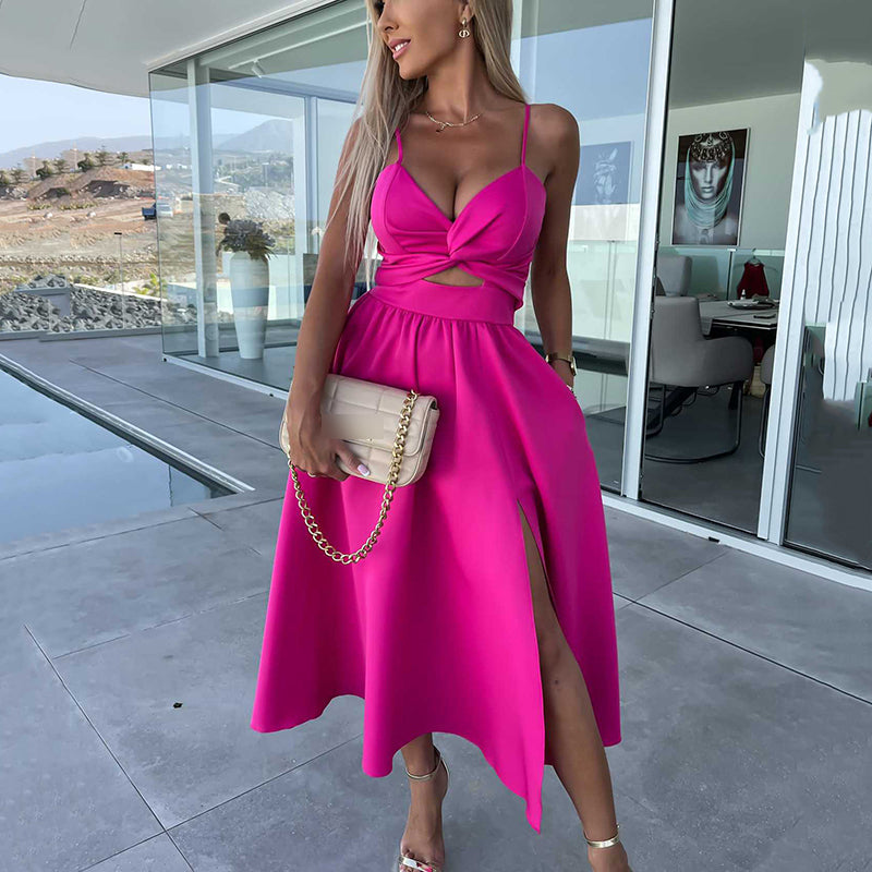 Rosea Elegant midi kjole med slids foran og stropper