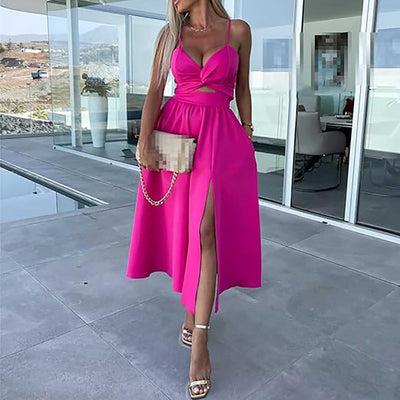 Rosea Elegant midi kjole med slids foran og stropper