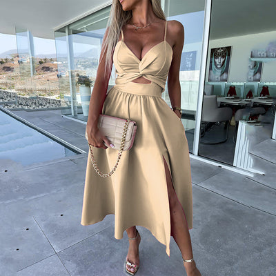 Rosea Elegant midi kjole med slids foran og stropper