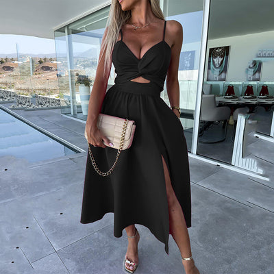 Rosea Elegant midi kjole med slids foran og stropper